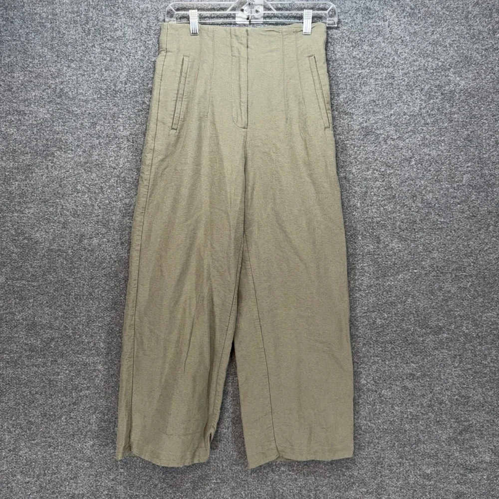Zara Wide Leg Pants Women Small Green Linen Blend High Waist Cropped Casual Boho